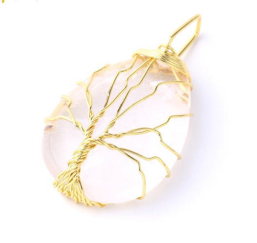 Natural Stone Pendant Gold Color Wire Wrap Gem