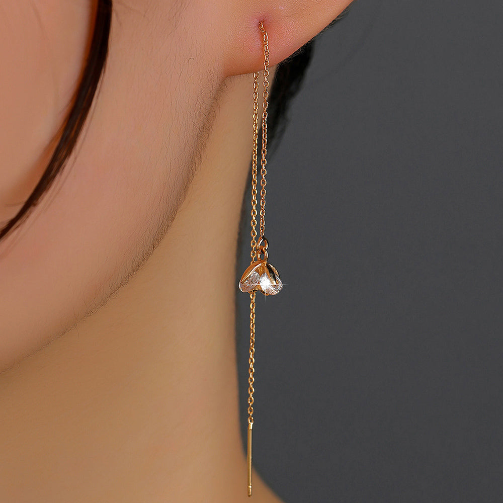 Golden Flower Zircon Long Tassel Threader Earrings