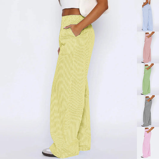 Striped Trousers With Pockets Casual Wide Leg Straight Pants