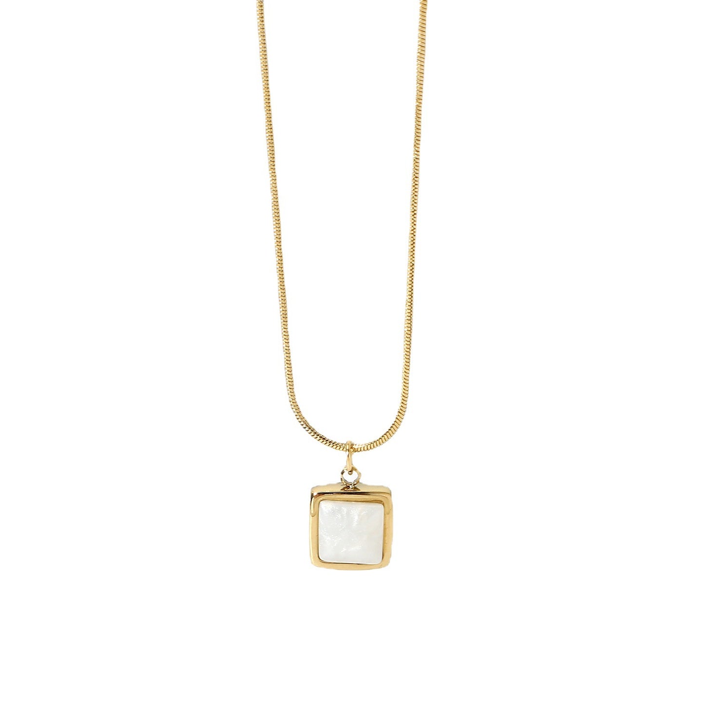 14K Gold Plated Stainless Steel Necklace Square White Jade Pendant Women's Jewelry