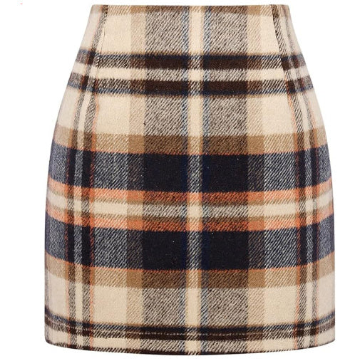 Women's High Waist Plaid Tight Pencil Wool Mini Skirt