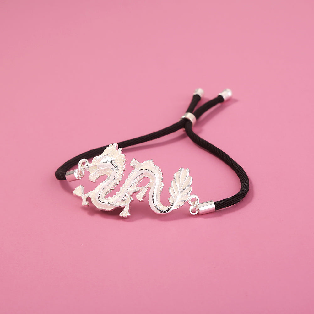 Glow-in-the-dark Silver Dragon Leather drawstring adjuster bracelet