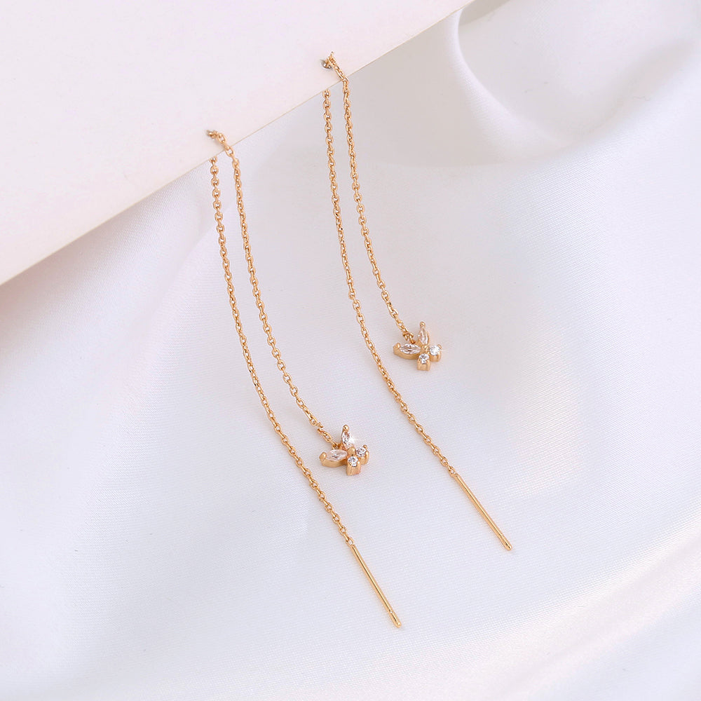 Gold Bronze Butterfly Zircon Tassel Threader Earrings