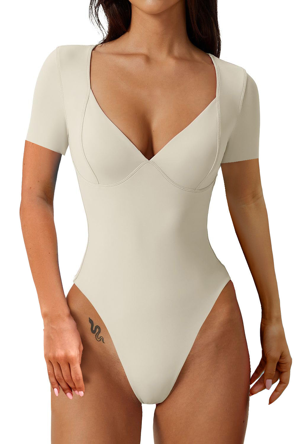 Short Sleeve V Neck Seamed Cup Bodysuit