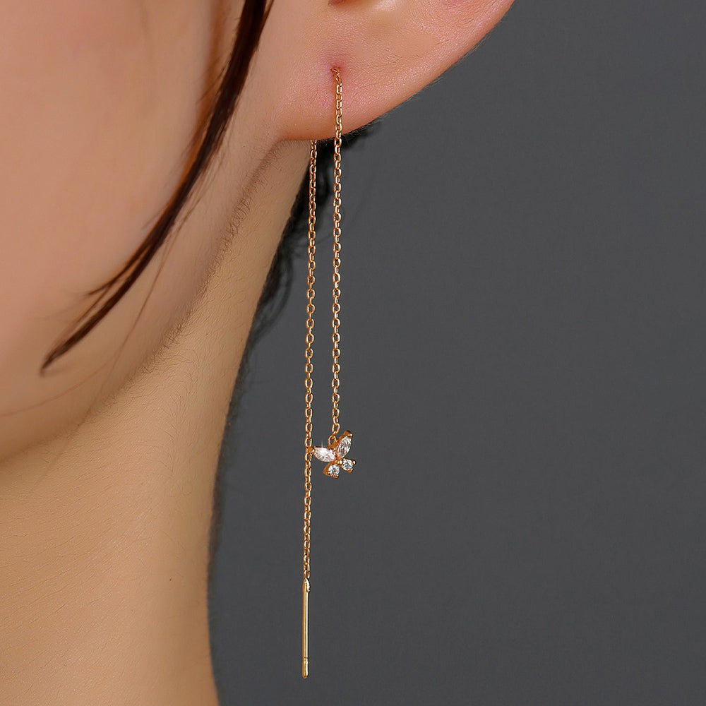 Gold Bronze Butterfly Zircon Tassel Threader Earrings