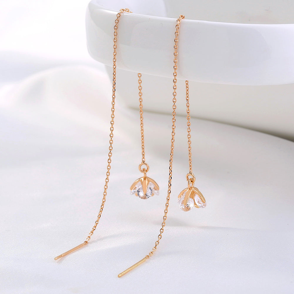 Golden Flower Zircon Long Tassel Threader Earrings