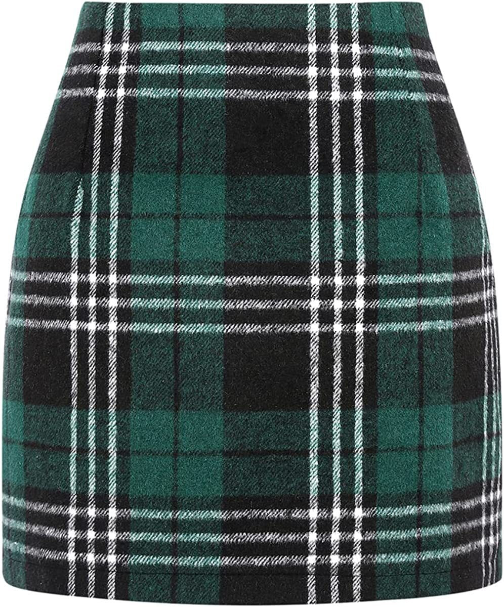 Women's High Waist Plaid Tight Pencil Wool Mini Skirt