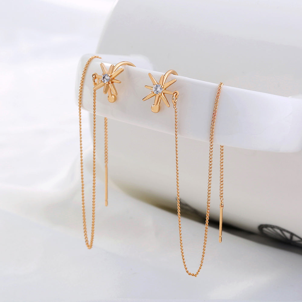 Gold Long Fringed Copper Hexagram Micro-set Zircon Ear Clip Ear Wire