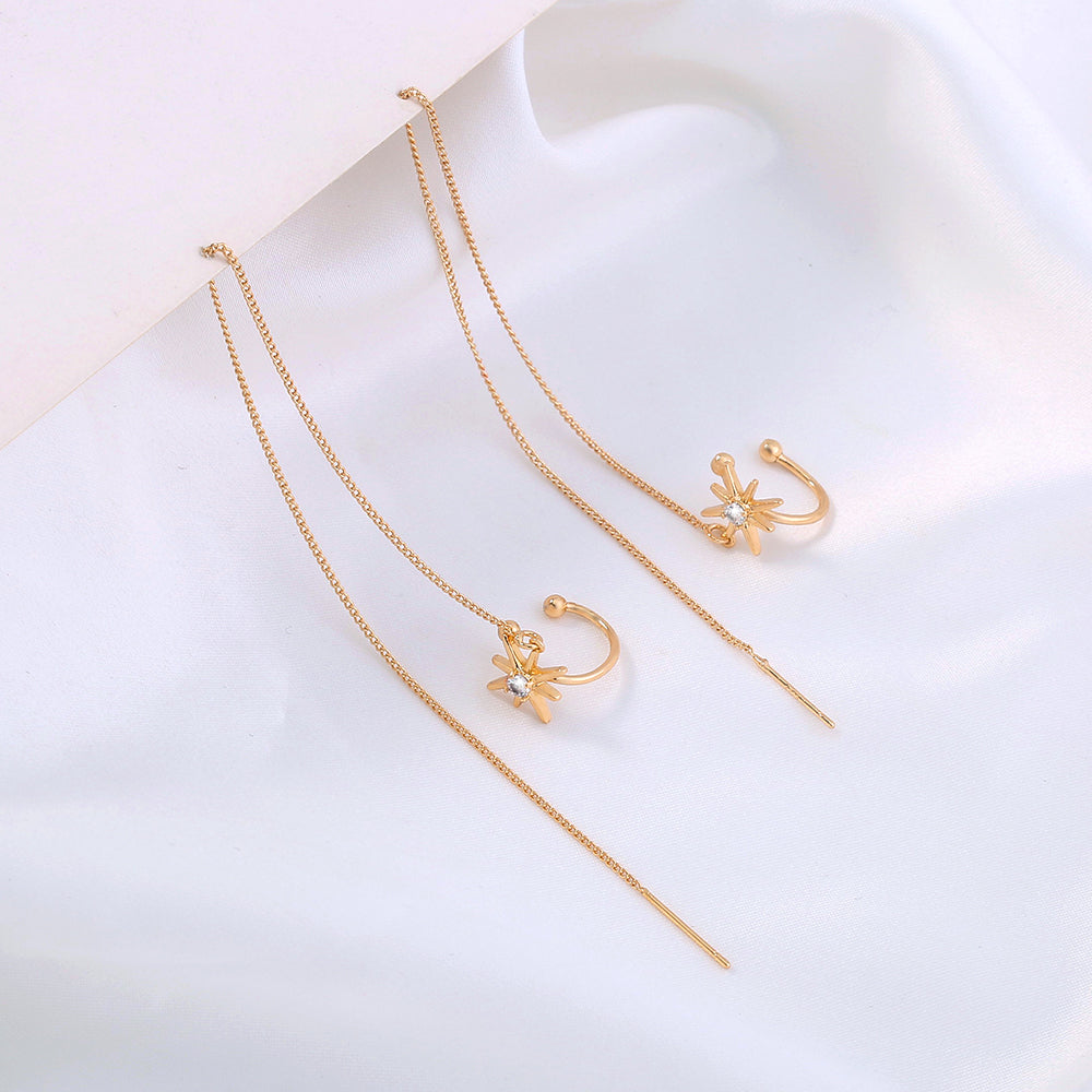 Gold Long Fringed Copper Hexagram Micro-set Zircon Ear Clip Ear Wire