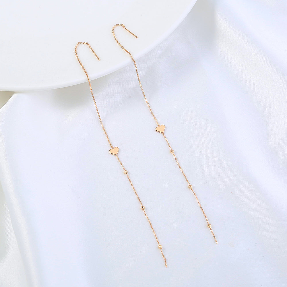 Gold Bronze Heart Tassel Threader Earrings