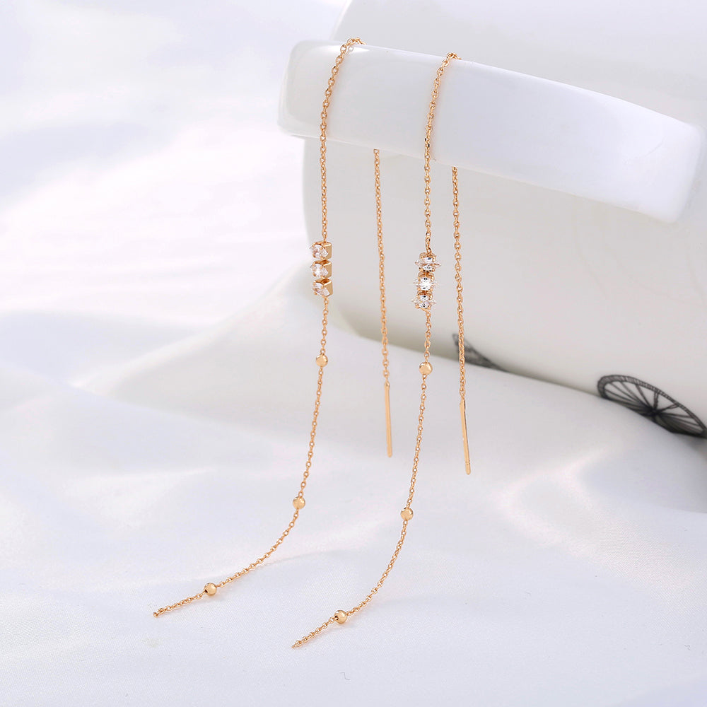 Brass Zirconia Long Tassel Threader Earrings