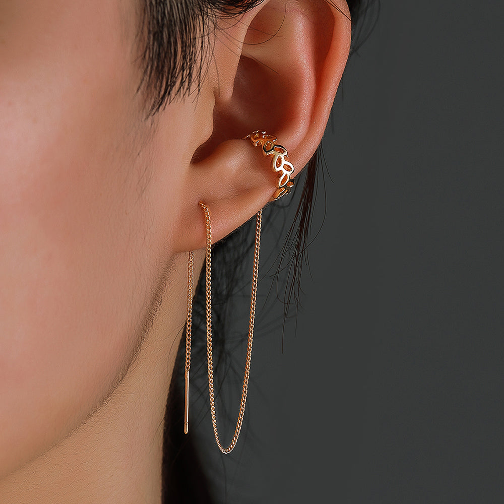 Gold Copper C-shaped Hollow Leaf Threader Earrings