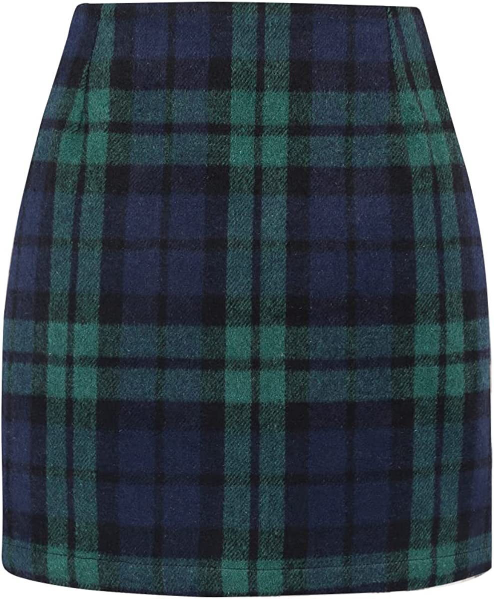 Women's High Waist Plaid Tight Pencil Wool Mini Skirt