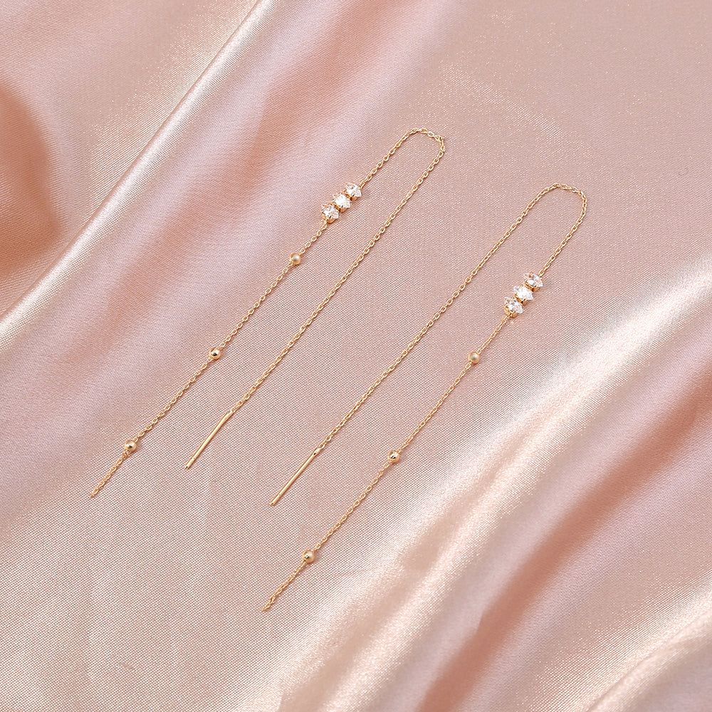 Brass Zirconia Long Tassel Threader Earrings