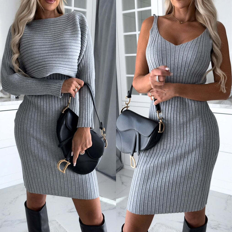 Stripe Long-sleeved Top And Tight Suspender Skirt Set