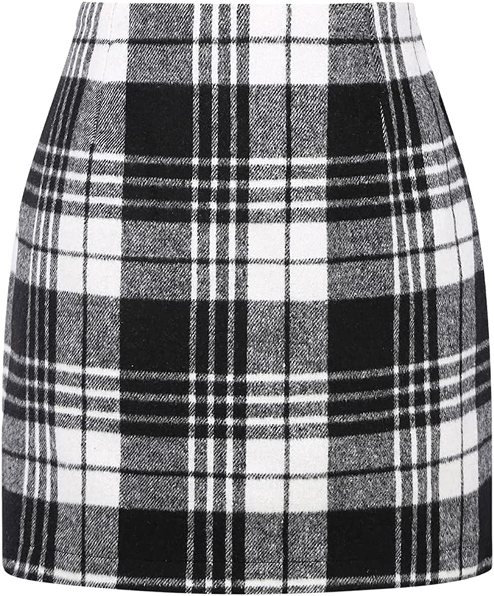 Women's High Waist Plaid Tight Pencil Wool Mini Skirt