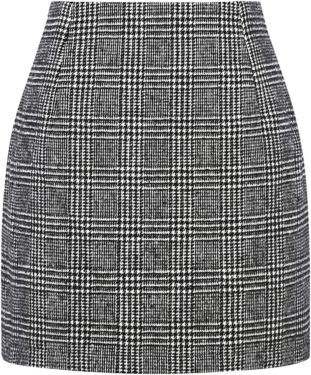 Women's High Waist Plaid Tight Pencil Wool Mini Skirt