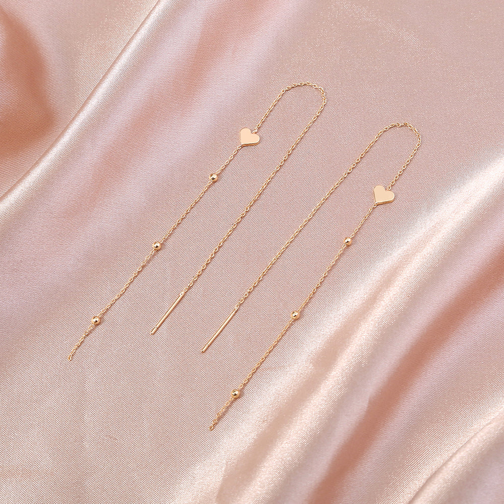 Gold Bronze Heart Tassel Threader Earrings