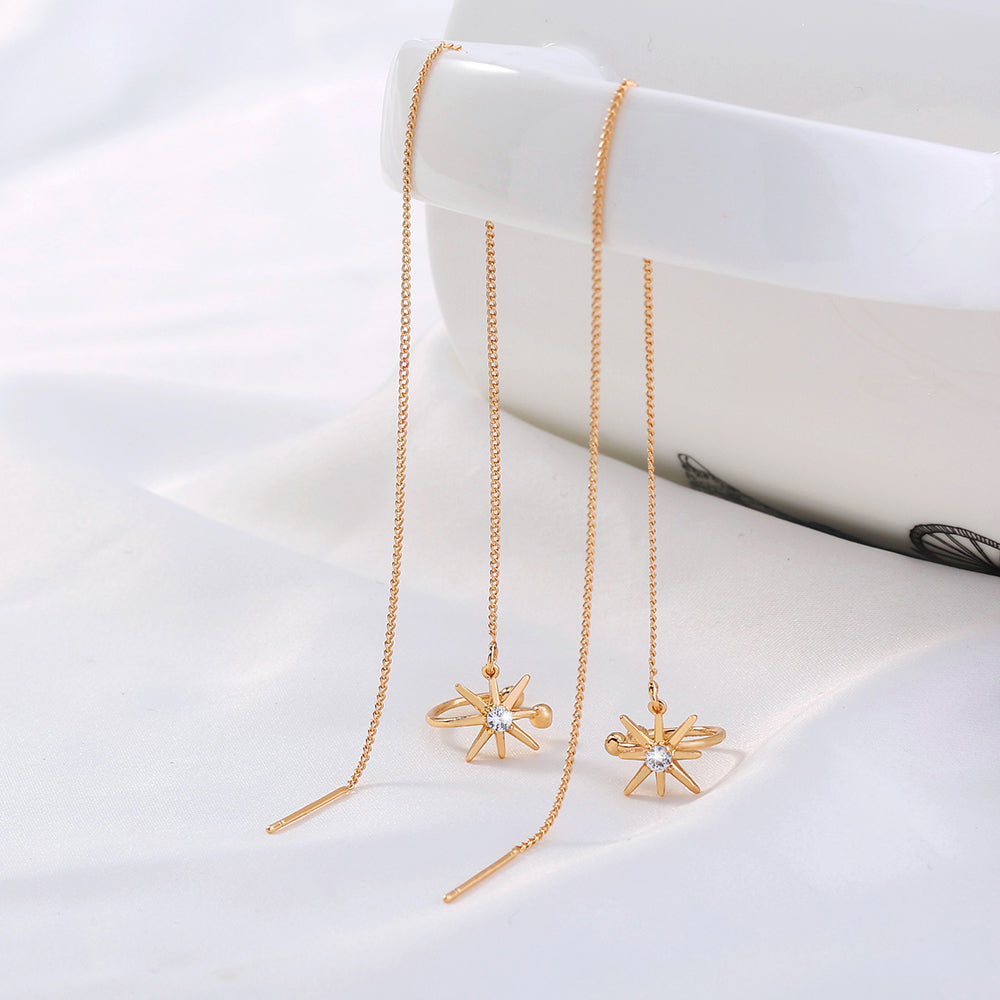 Gold Long Fringed Copper Hexagram Micro-set Zircon Ear Clip Ear Wire