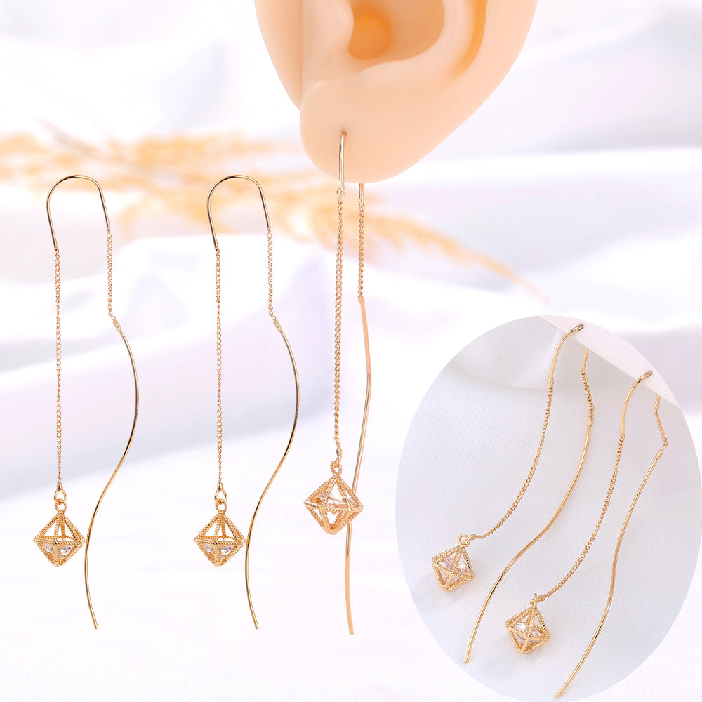 Gold Bronze Cutout Zircon Tassel Threader Earrings