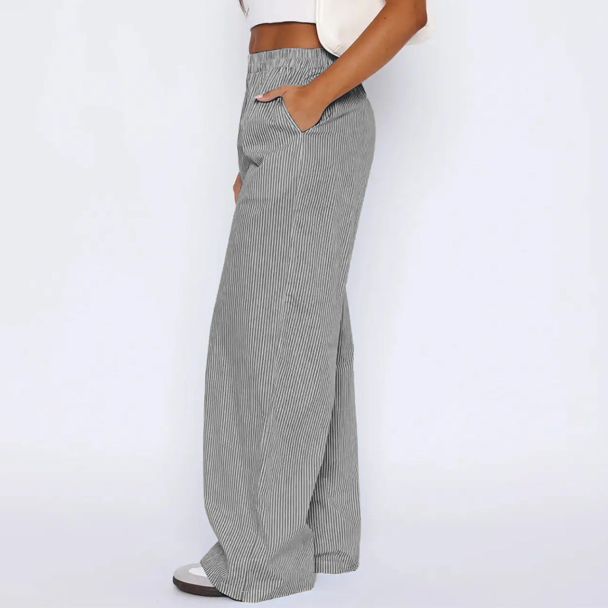 Striped Trousers With Pockets Casual Wide Leg Straight Pants