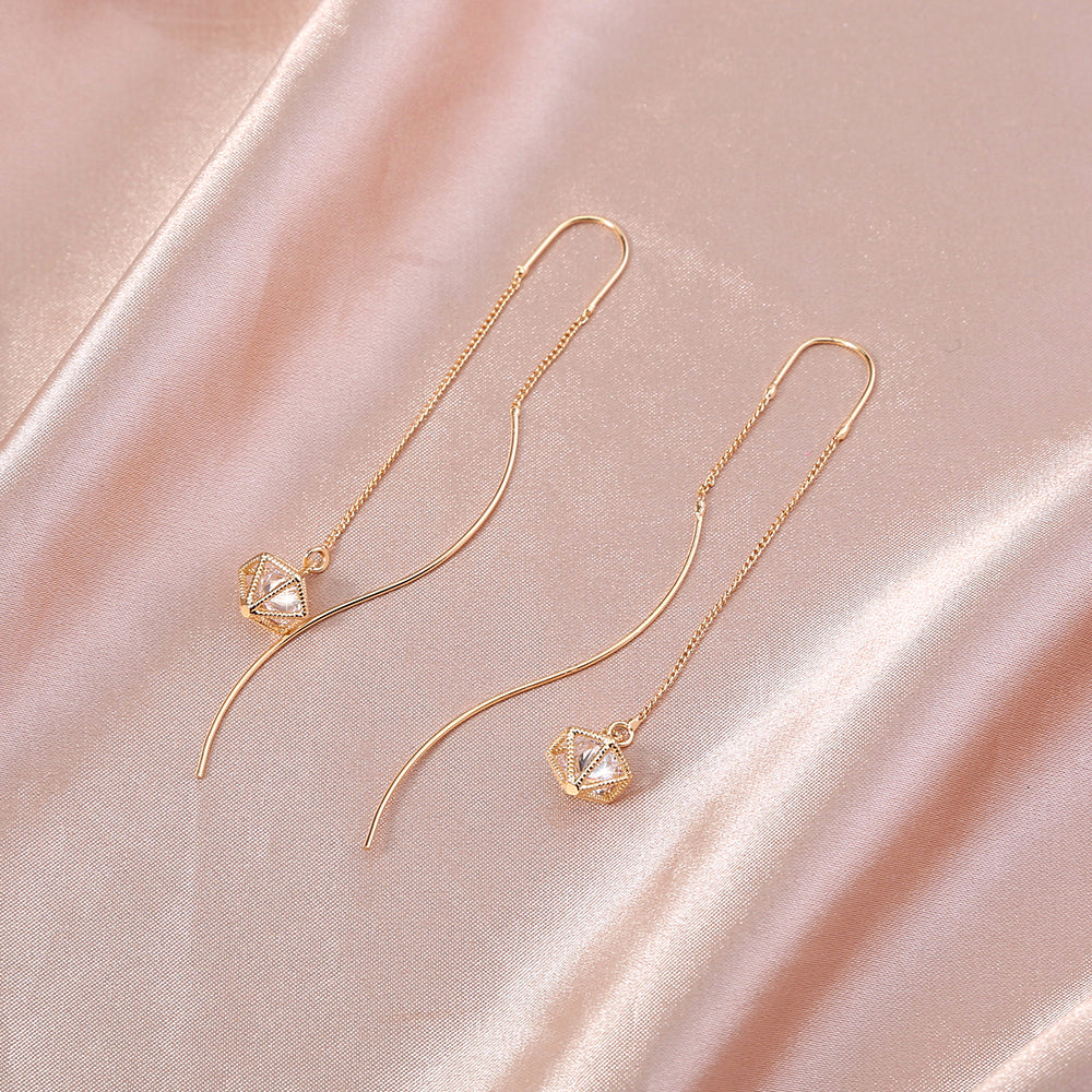 Gold Bronze Cutout Zircon Tassel Threader Earrings