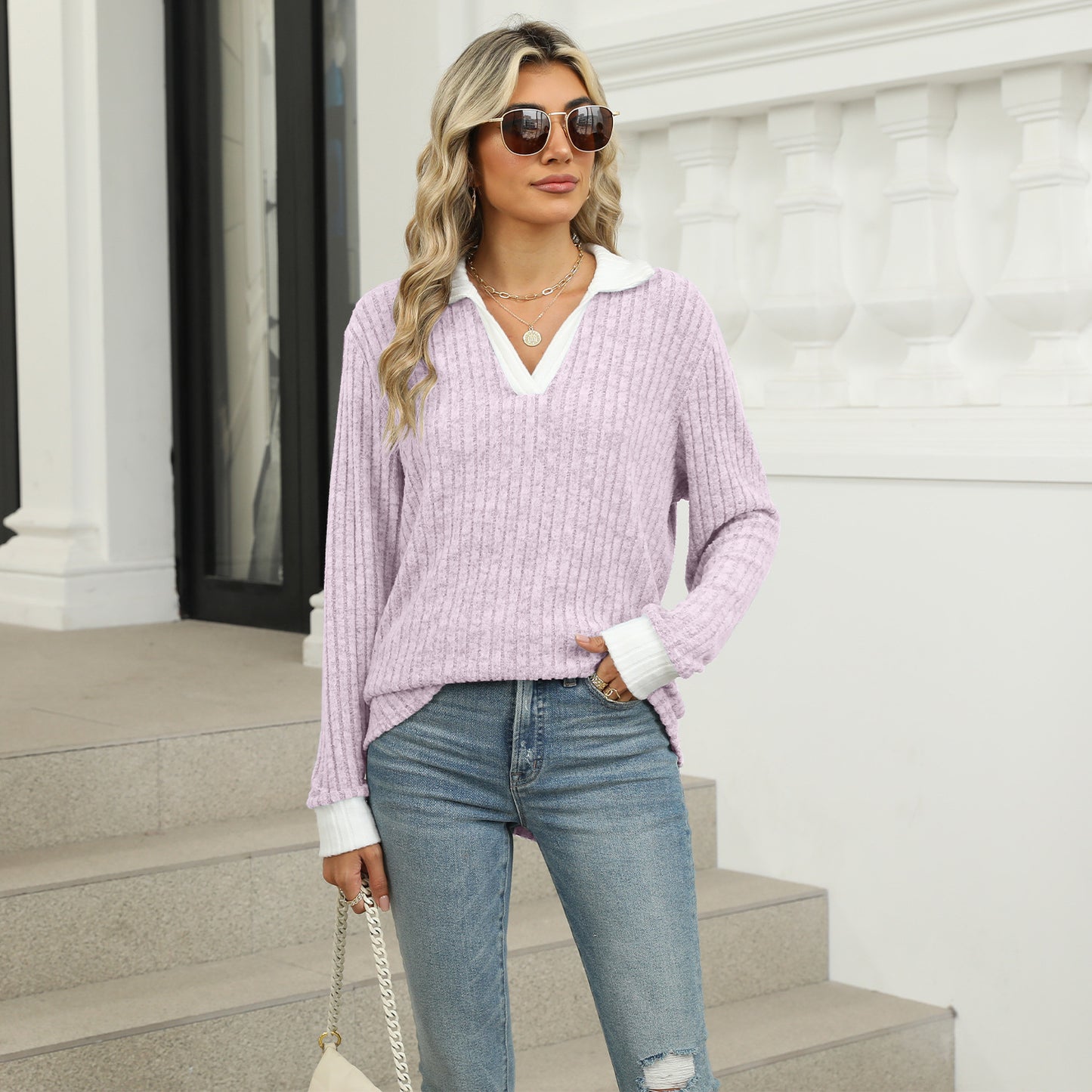 Lapel Long Sleeve Loose-fitting Top