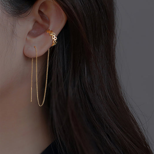 Gold Copper C-shaped Hollow Leaf Threader Earrings