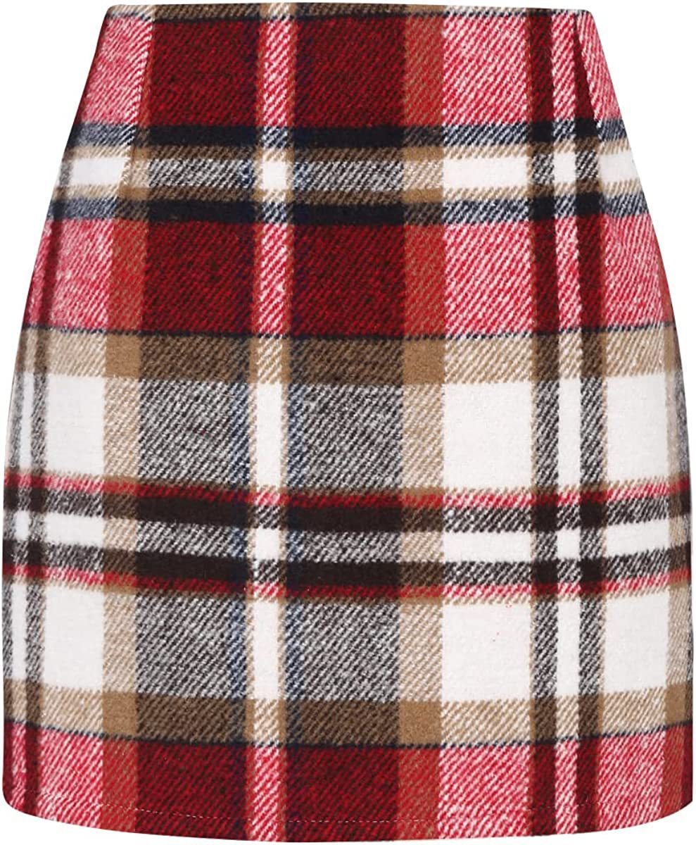 Women's High Waist Plaid Tight Pencil Wool Mini Skirt