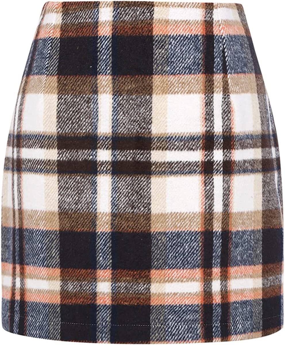 Women's High Waist Plaid Tight Pencil Wool Mini Skirt