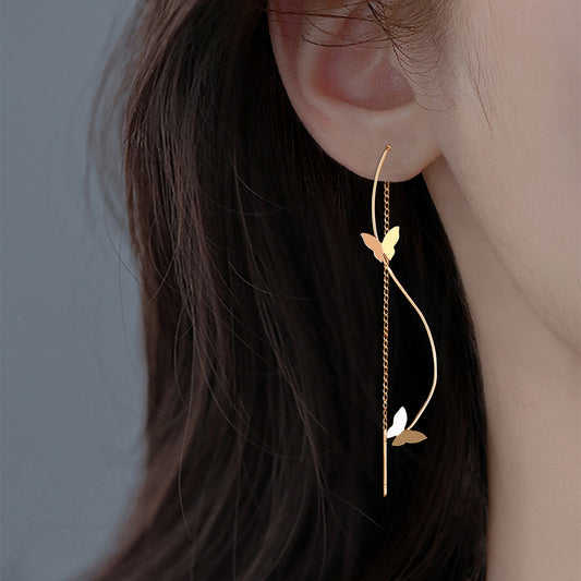 Gold Copper Squeezed Snake Butterfly Threader Earrings