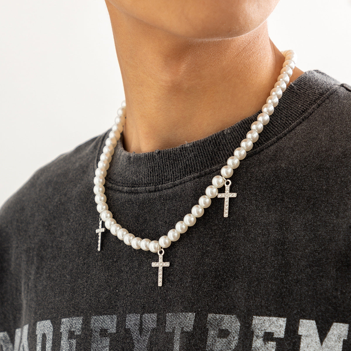 Men Fashion personality cross diamond design with pearl hip-hop necklace