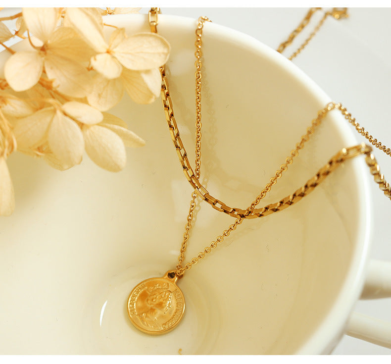 18K Gold Light Luxury Exquisite Coin Double Layer Design Necklace