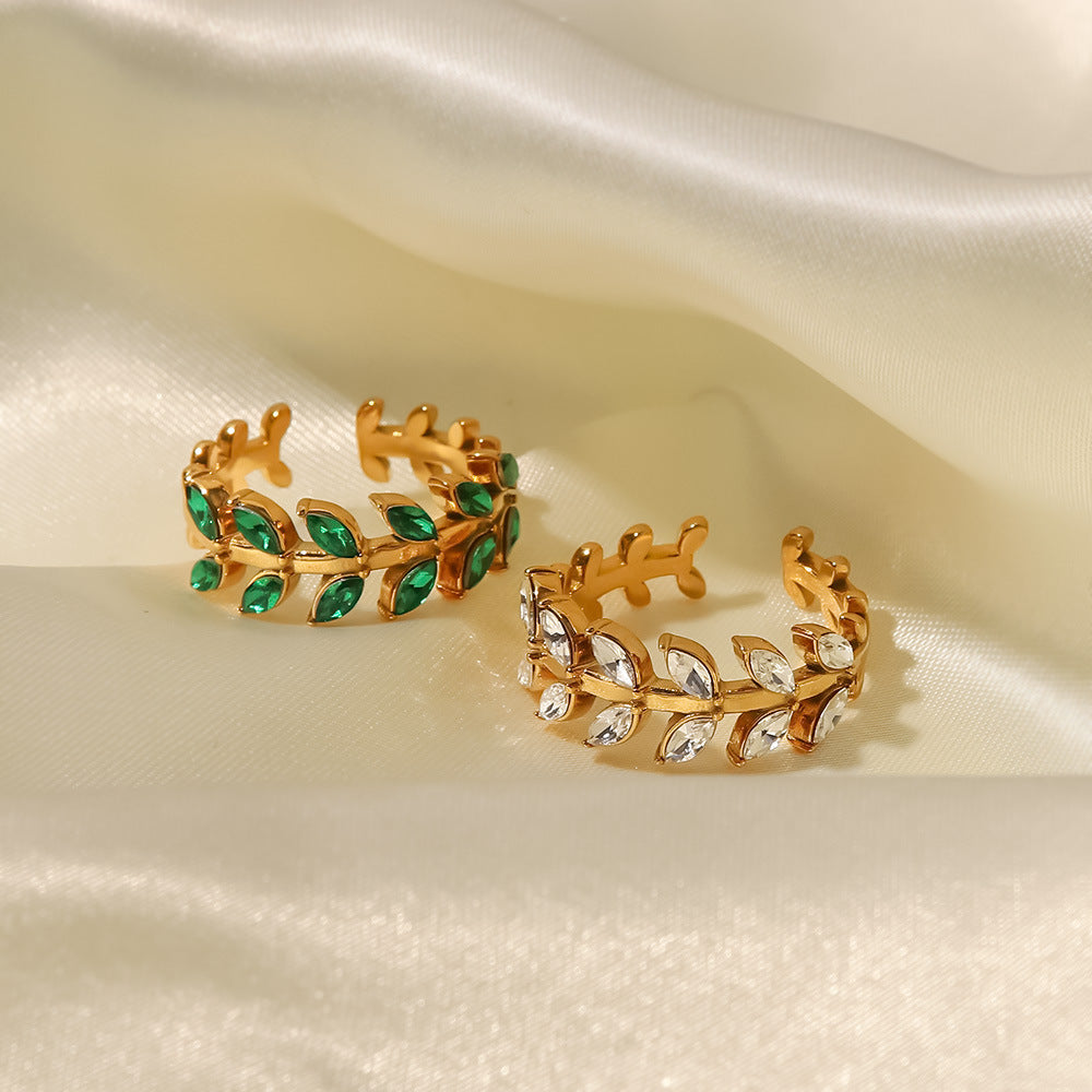 18K Gold Plated White Green Zircon Leaf Ring