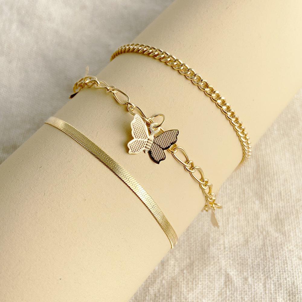 F10.Layered Chain Butterfly Pendant Anklet Set - Elle Royal Jewelry