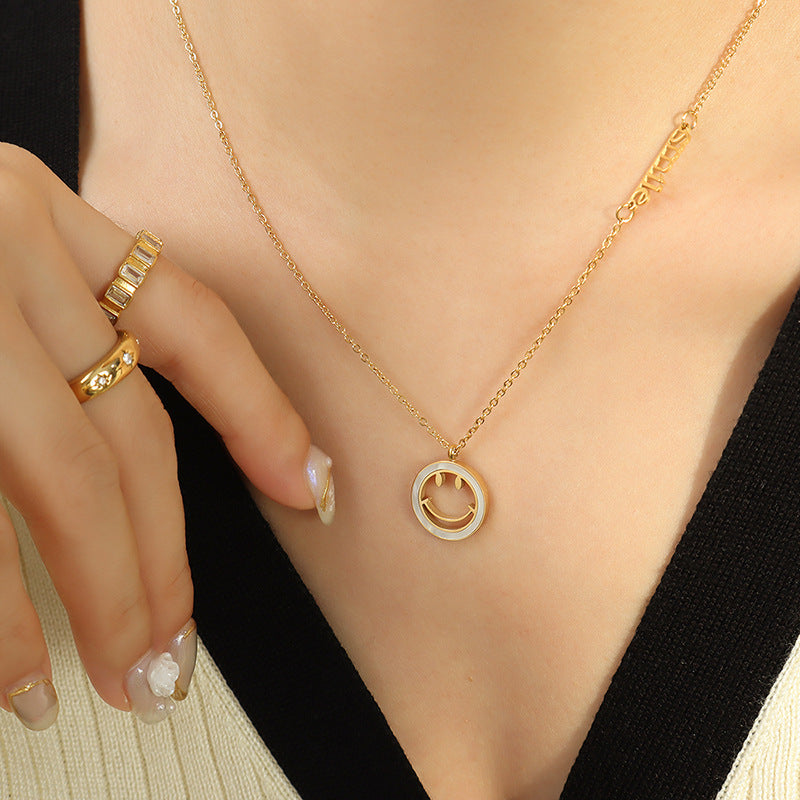 18K Gold Fashionable White Seashell Smiley Face Design with English Alphabet Pendant Necklace