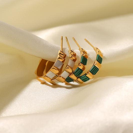 18k Gold Plated C Shape Bamboo Inlaid White Shell/Green Malachite Hoop Earrings