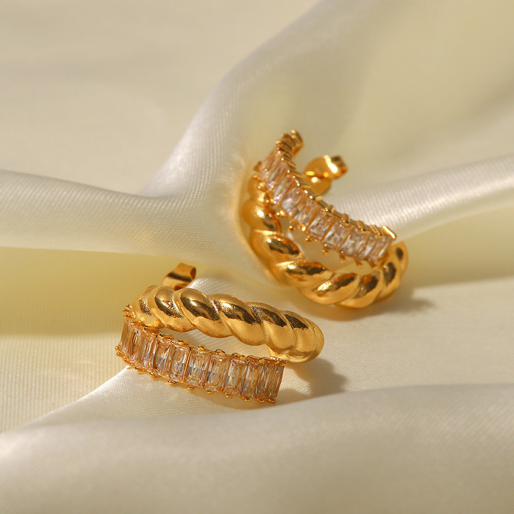 18K Gold C-Shaped White Zircon Earrings