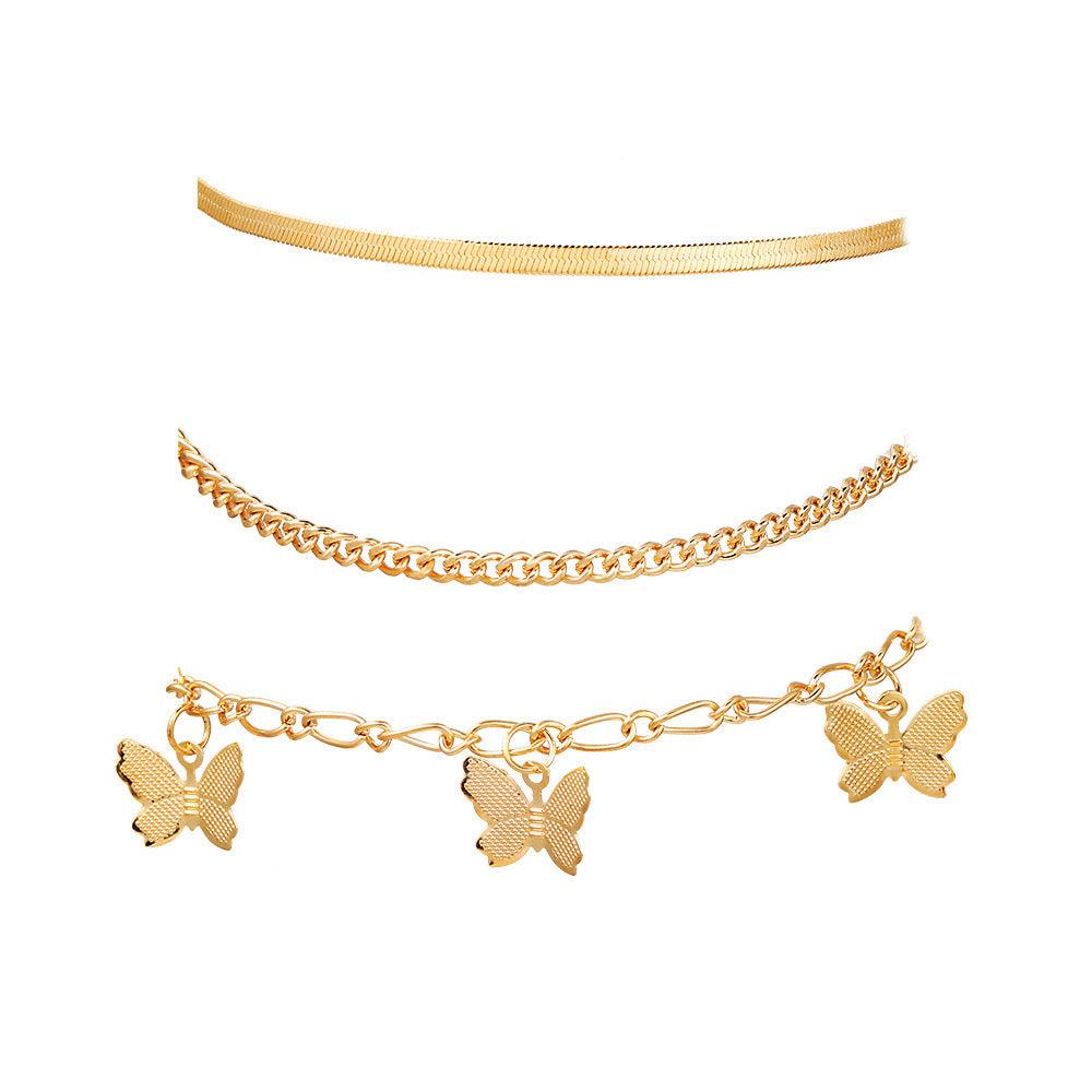 F10.Layered Chain Butterfly Pendant Anklet Set - Elle Royal Jewelry