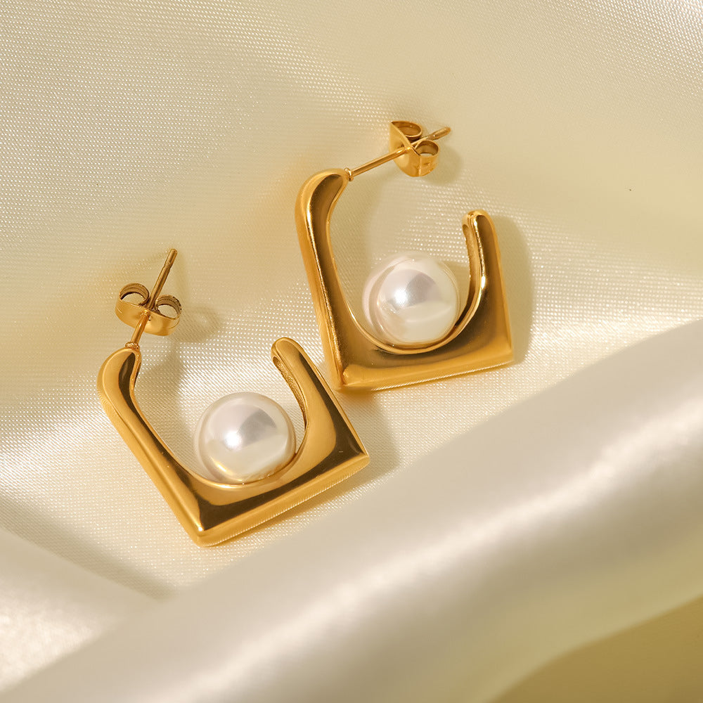 18K Gold Plated Inlaid White Pearl Square Spoon Design Punk Earrings