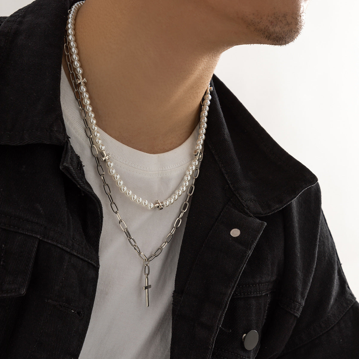 Men Retro Simple Pearl Stitching Cross Design Hip Hop Necklace