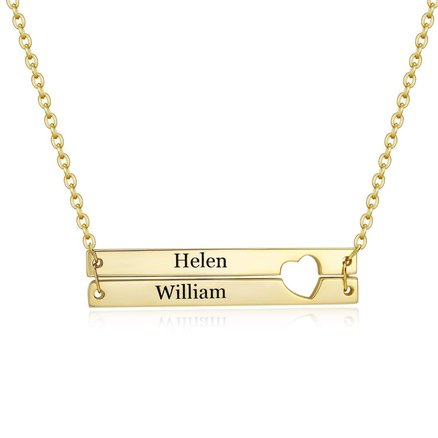 N16.Custom Double Layer Bar Heart Name Necklace - Elle Royal Jewelry