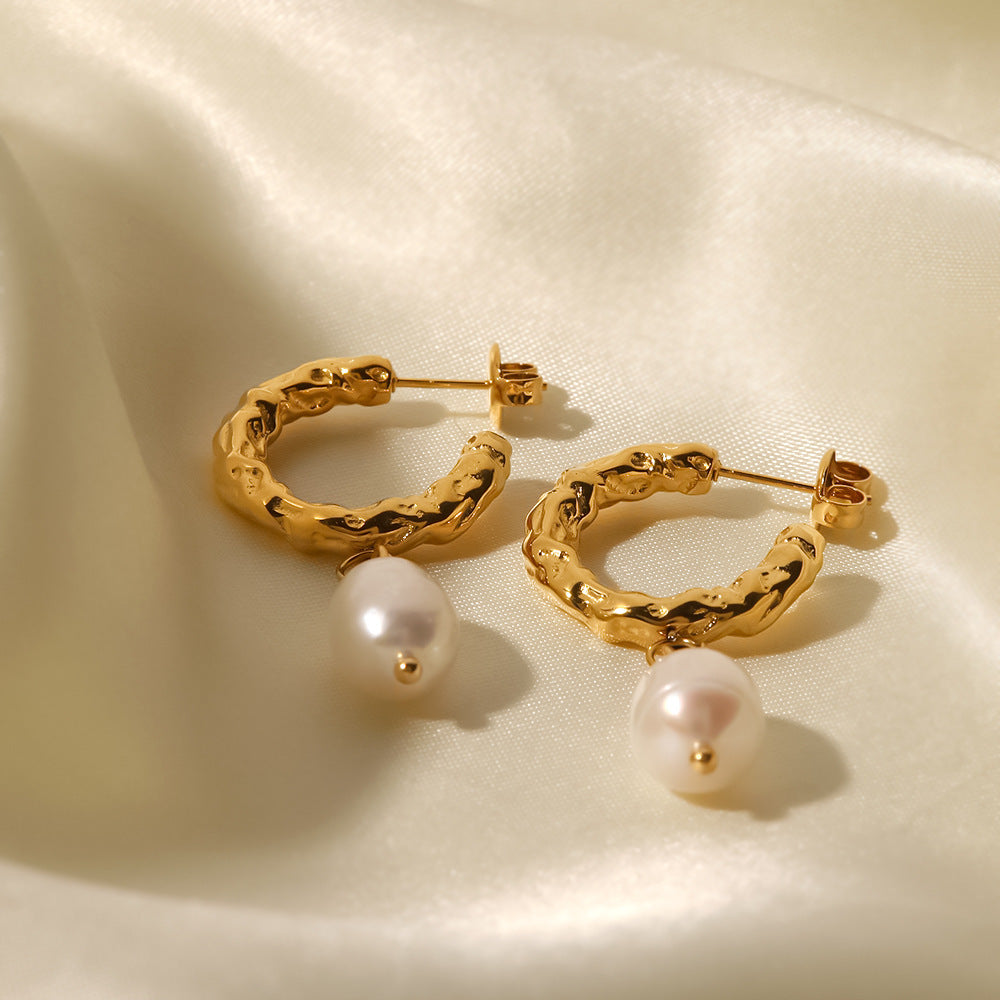 18K Gold Plated Inlaid Natural White Freshwater Pearl Earrings