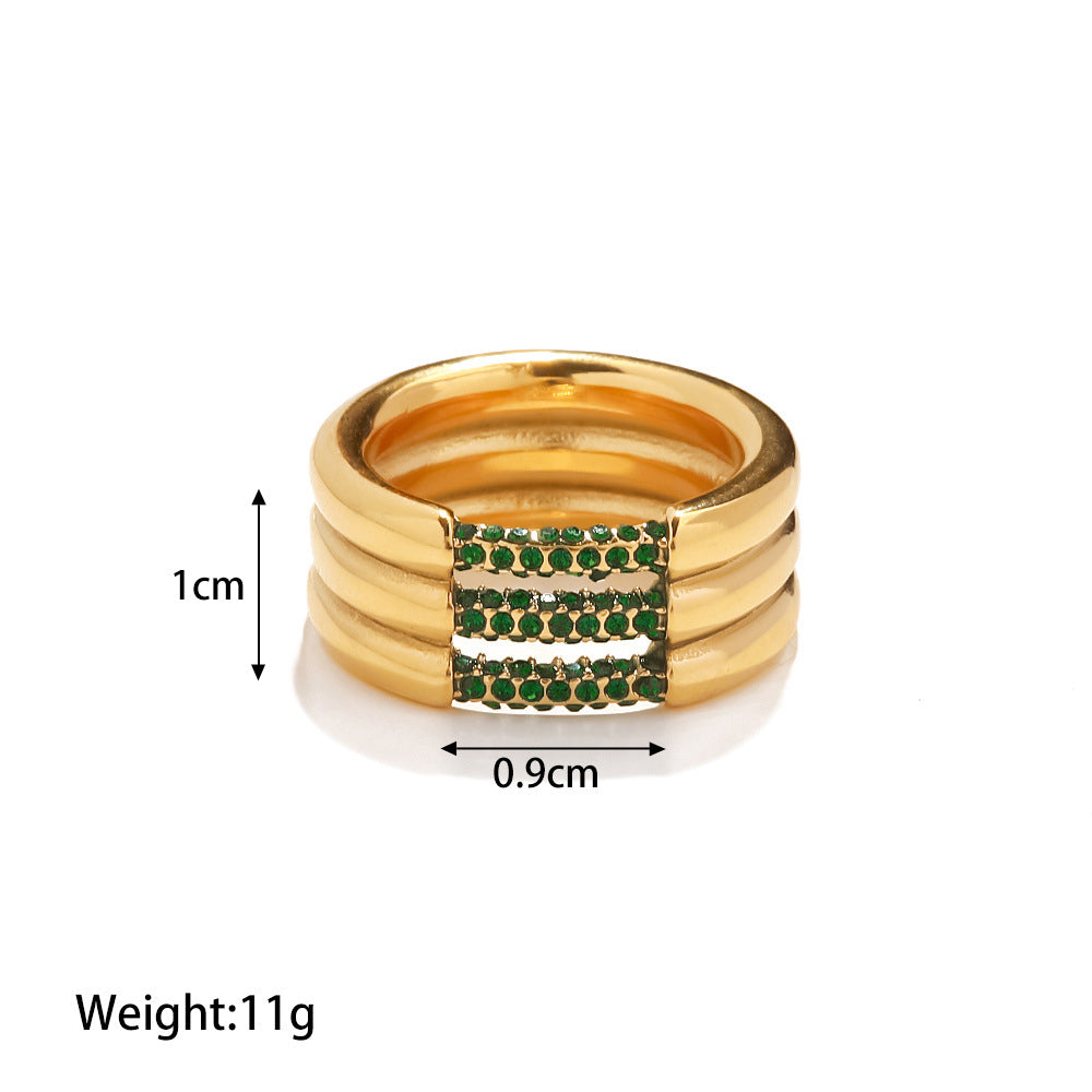 18K Gold Plated Inlaid White/Green Diamond Three-Layer Versatile Ring