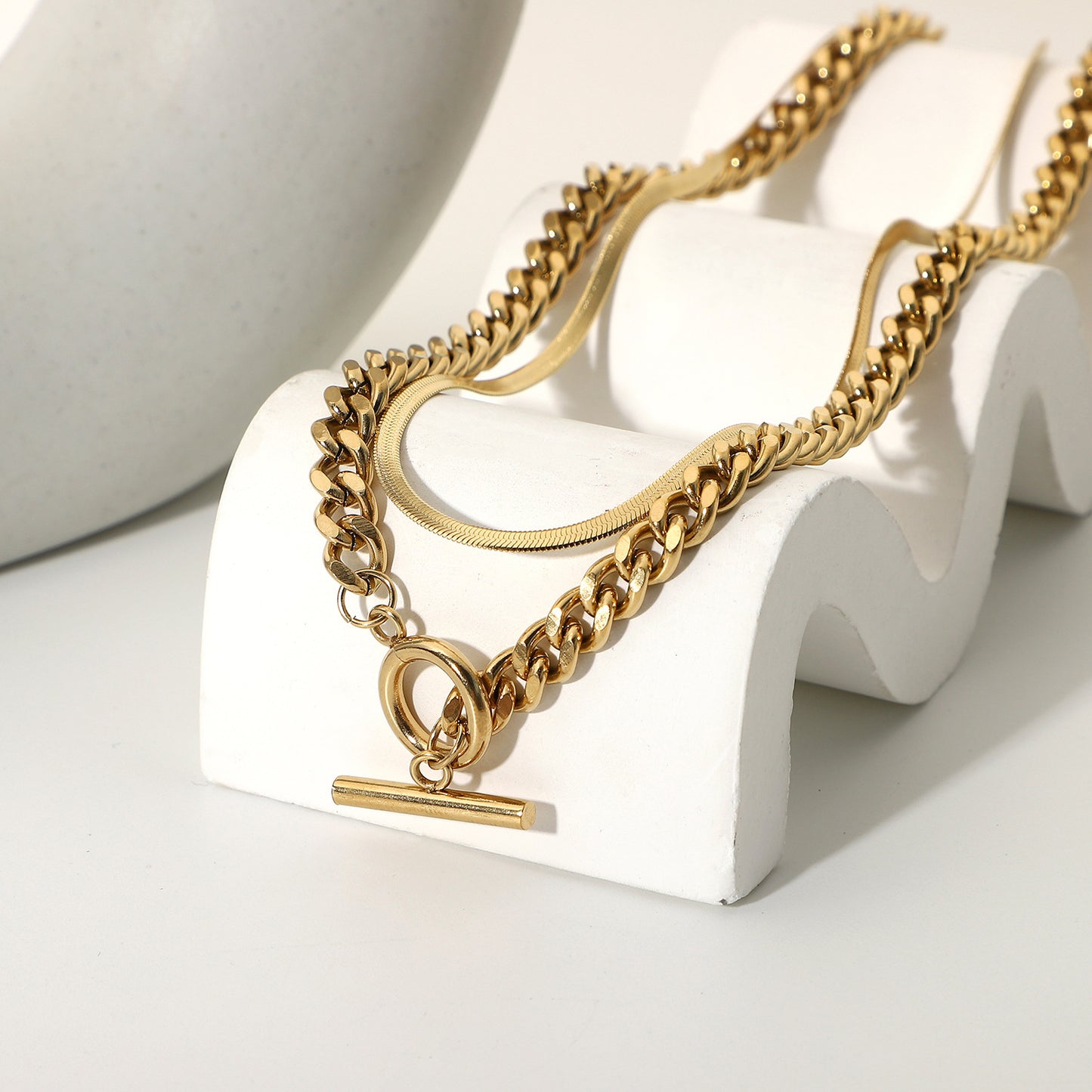 N38.Miami Double Necklace Set of Two Snake Chain Choker Gold Plated Necklace