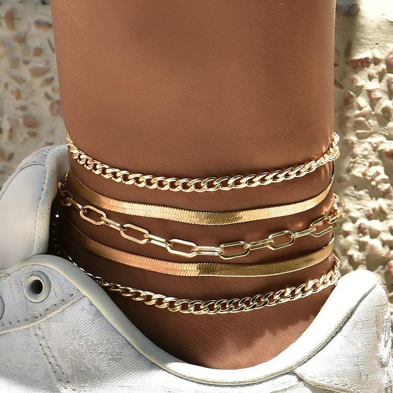 F11.Multilayer Metal Chain Anklet Set Combination - Elle Royal Jewelry