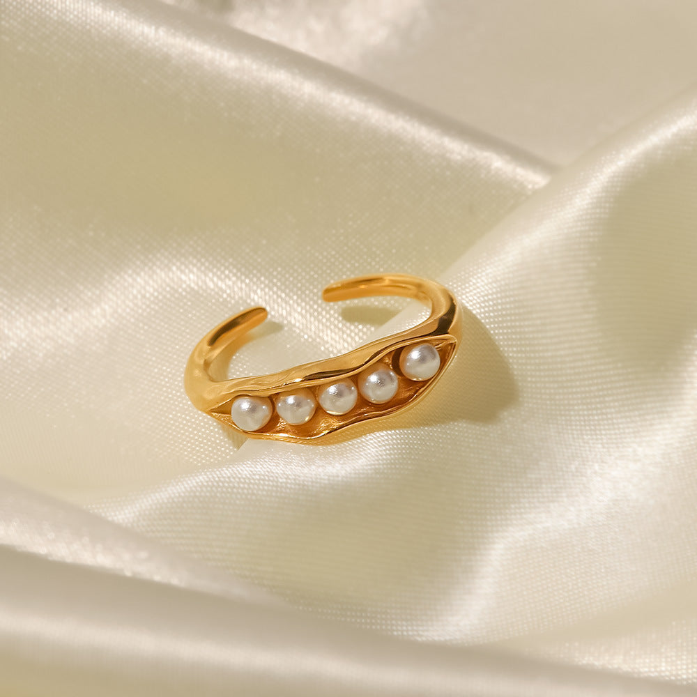 18K Gold Plated Inlaid White Pearl Pea Pod Design Adjustable Ring