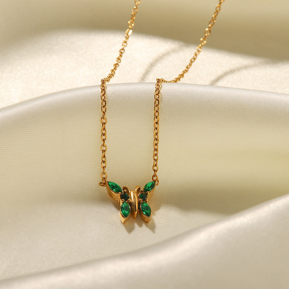 18K gold plated butterfly necklace with green/white zircon stylish