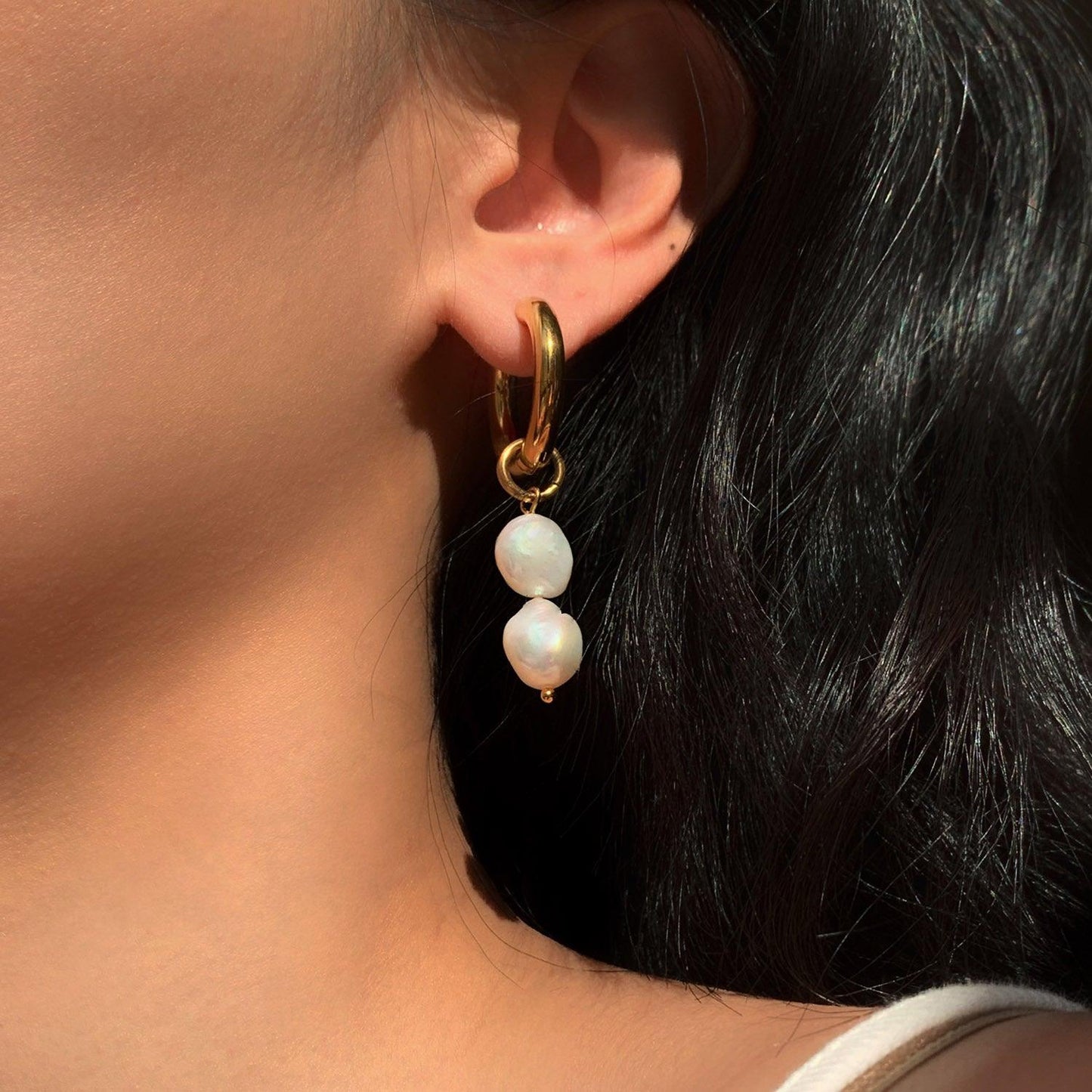 E16.18K Gold Pearl Drop Double Earrings - Elle Royal Jewelry