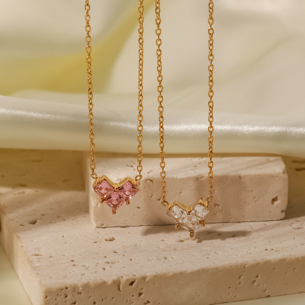 18K Gold Plated Inlaid Pink/White Zircon Love Pendant Necklace